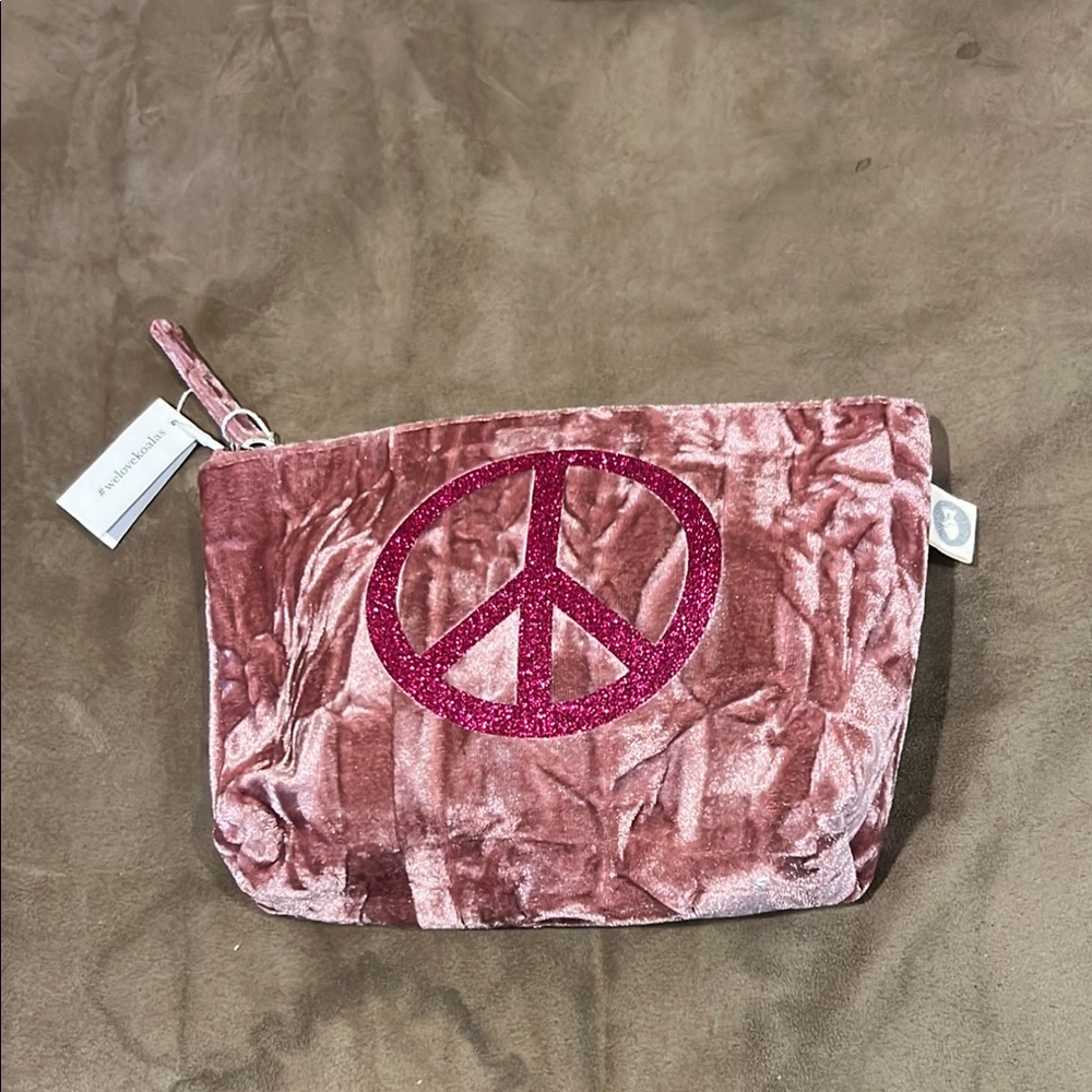 Quilted Koala Pink Velvet Peace Sign Cosmetic Bag